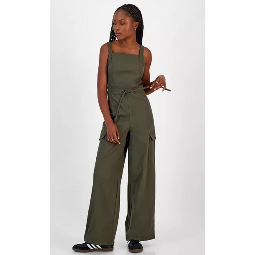 Tinseltown Juniors Wide Leg Tie front Cargo Jumpsuit in Olive Overalls Size S